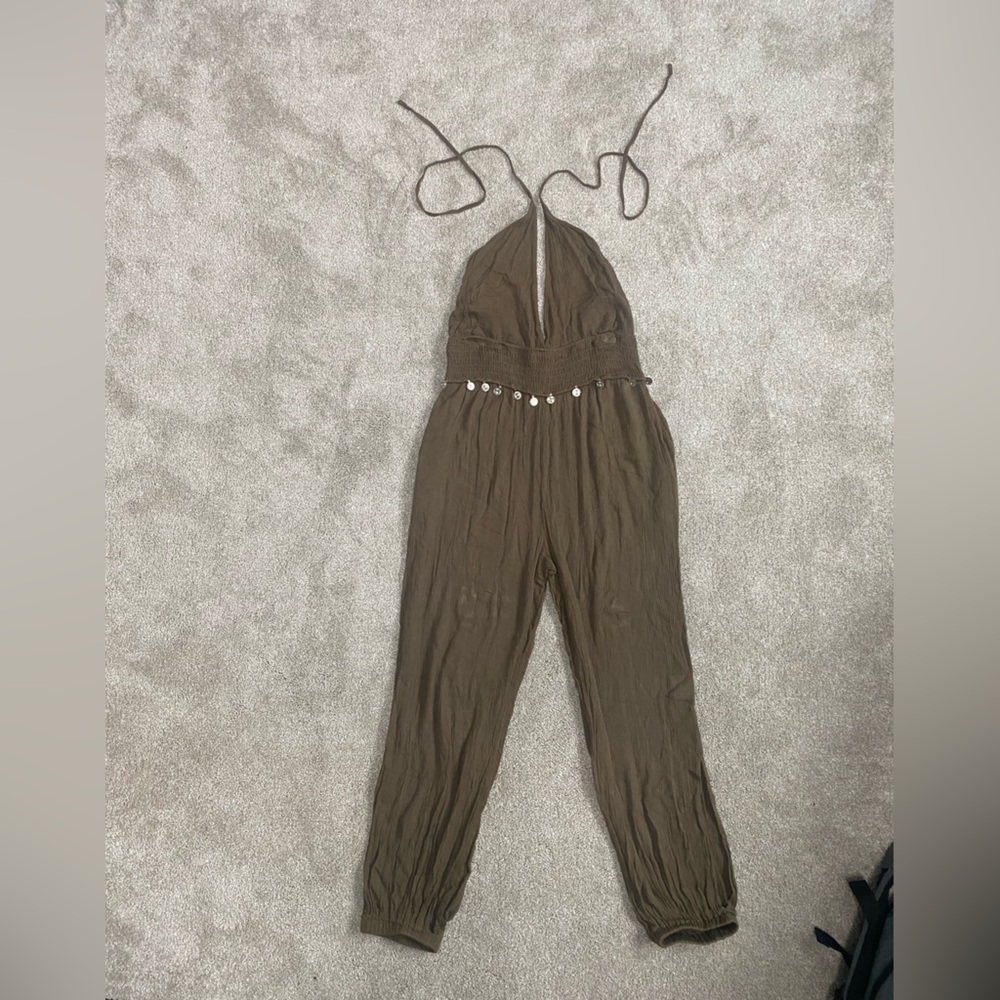 EARTHBOUND Brown Halter Jumpsuit with Shell Details